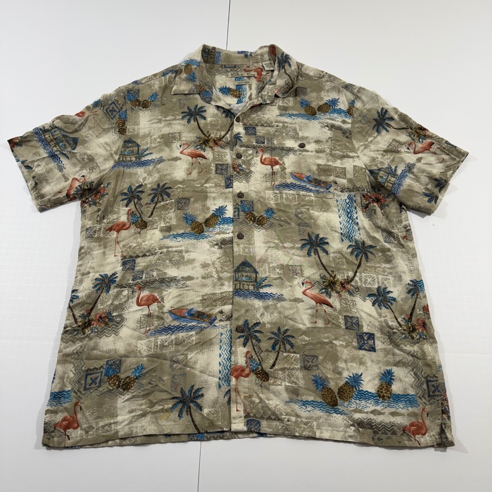 Batik Bay Button Down Shirt Mens XL Beige Flamingo Pineapple Tropical Rayon